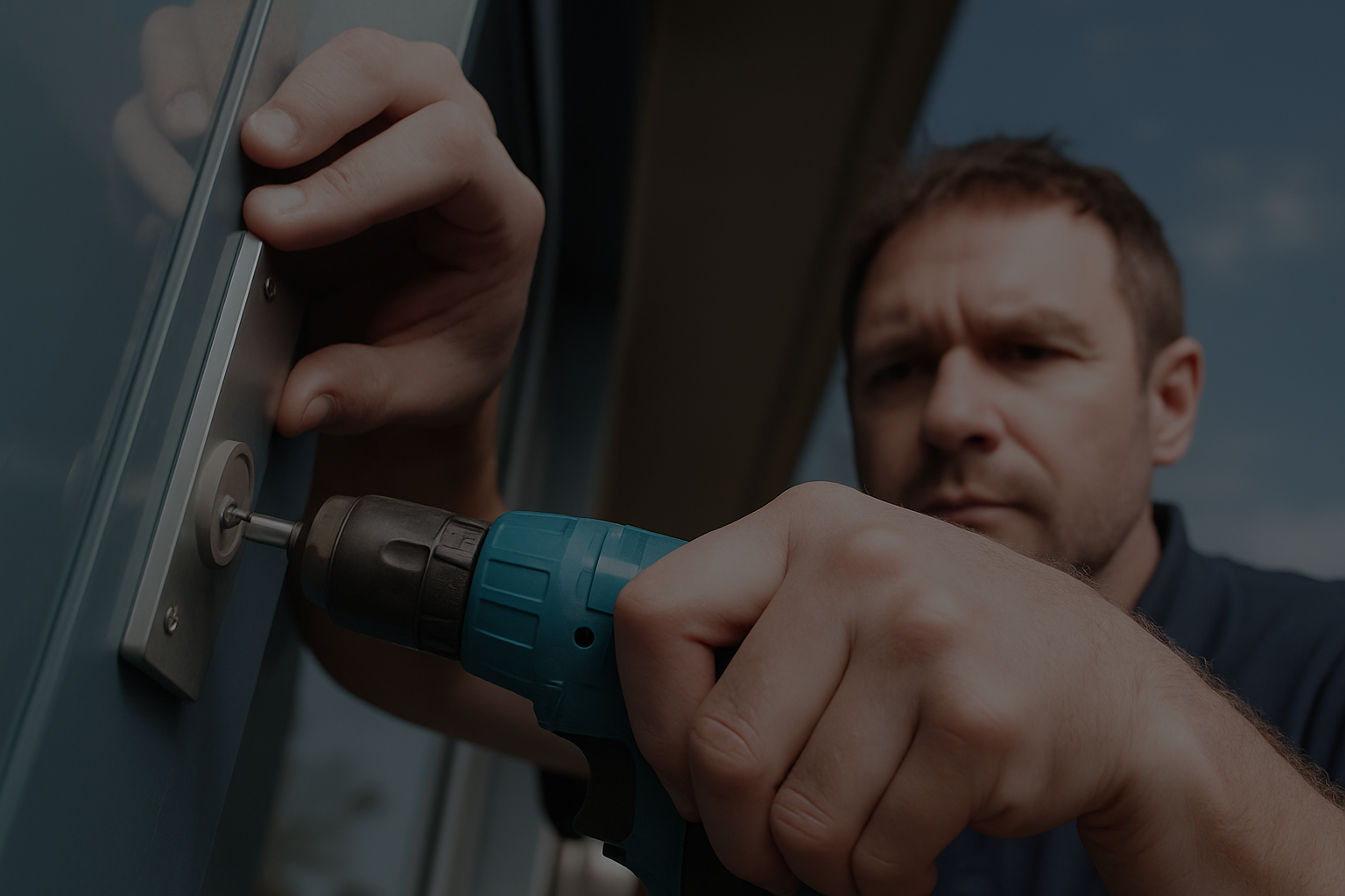 Professional locksmith working on door lock with power drill